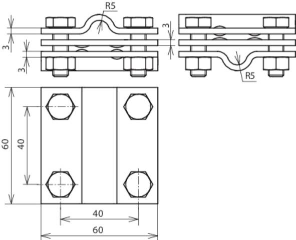Technische Zeichnung eines Metallverbinders mit Maßen. Oben: Seitenansicht mit Schraubbefestigung. Unten: Draufsicht mit Abmessungen 60x40 mm.