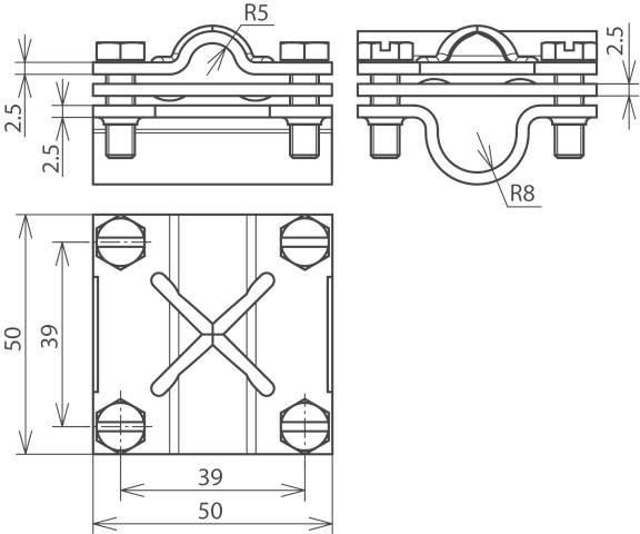 Technische Zeichnung einer mechanischen Halterung mit Maßen: 50x50mm Basis, 39mm Innendurchmesser, R5- und R8-Radien werten.