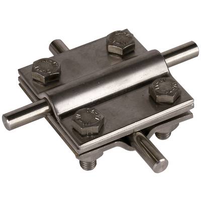Ein Metallscharnier mit zylindrischen Stangen und vier Schrauben, das Komponenten verbindet oder bewegliche Teile fixiert.