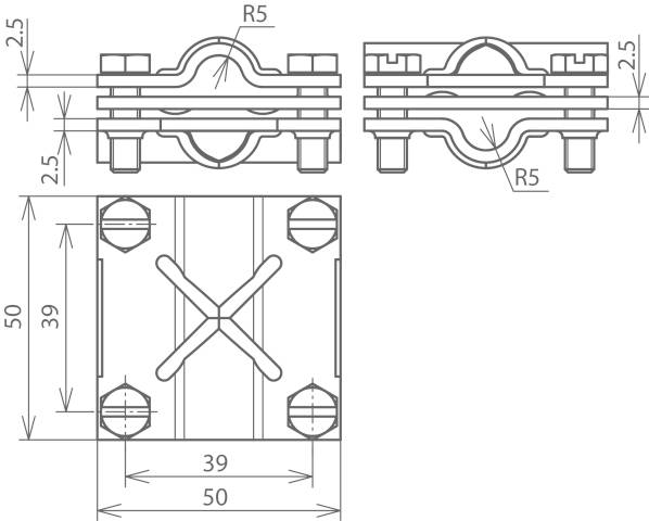 Technische Zeichnung eines Bauteils mit Abmessungen: 50 mm Breite, 39 mm Höhe; R5-Radius an zwei Stellen markiert.