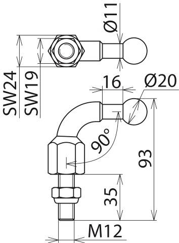 Technische Zeichnung eines Winkel-Anschlussstücks mit 90°-Biegung. Maße: SW24, SW19, Ø11, Ø20, Länge 93 mm, Gewinde M12.