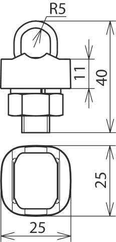Technische Zeichnung einer Quadrat-Mutter mit einer oberen Schraube und Maßangaben: Höhe 40 mm, Breite 25 mm, Radius 5 mm.