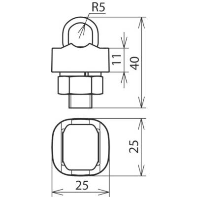 Technische Zeichnung einer Quadrat-Mutter mit einer oberen Schraube und Maßangaben: Höhe 40 mm, Breite 25 mm, Radius 5 mm.
