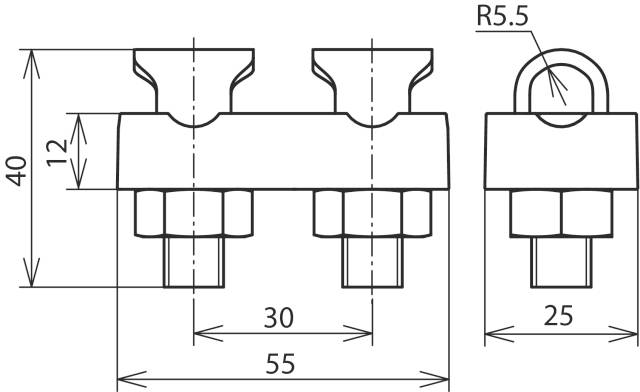 Technische Zeichnung einer mechanischen Komponente mit Maßen: Breite 55 mm, Höhe 40 mm, zwei Elemente. Radienangabe R5.5 mm.