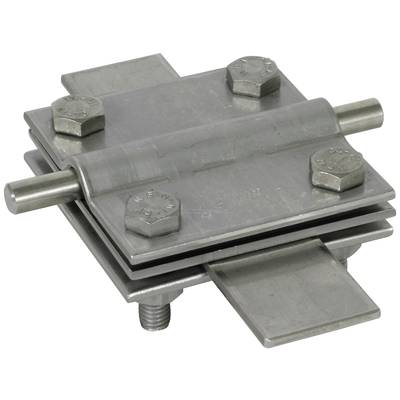 Metallplatte mit zentralem Scharnier, zwei herausragenden Stiften und vier Schrauben an den Ecken, verwendet für industrielle Verbindungen.