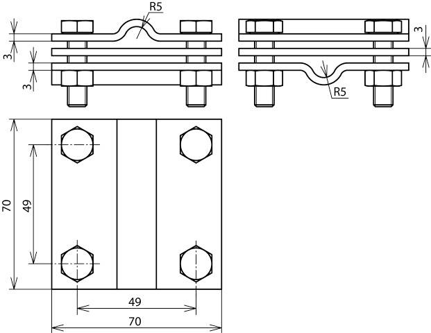 Technische Zeichnung eines Bauteils mit Maßen: 70x49 mm, vier Schraubenlöcher, doppelseitiges Wellendesign, Radius R5.