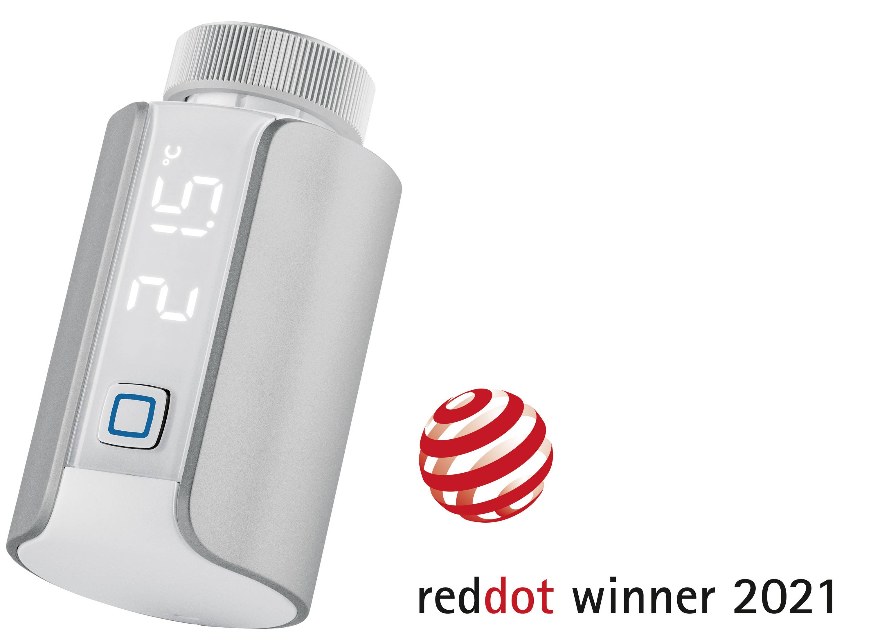 Ein silberner Medikamentenspender mit digitaler Anzeige, daneben der rote Punkt und der Text 'reddot winner 2021'.