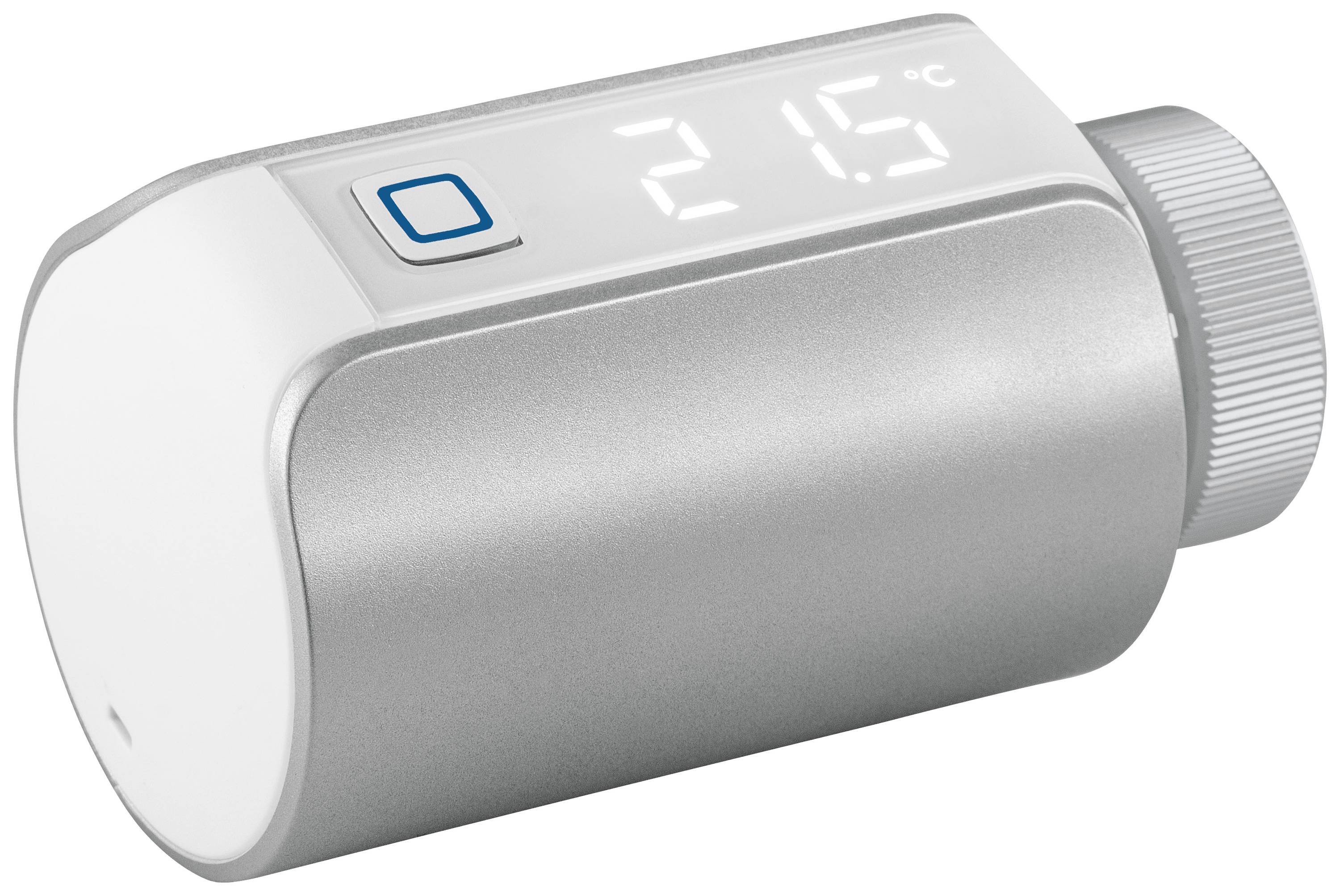 Digitales Thermostat mit Anzeige '21,5°C', silbernes Gehäuse und Einstellrad, geeignet zur Temperaturregelung in Räumen.