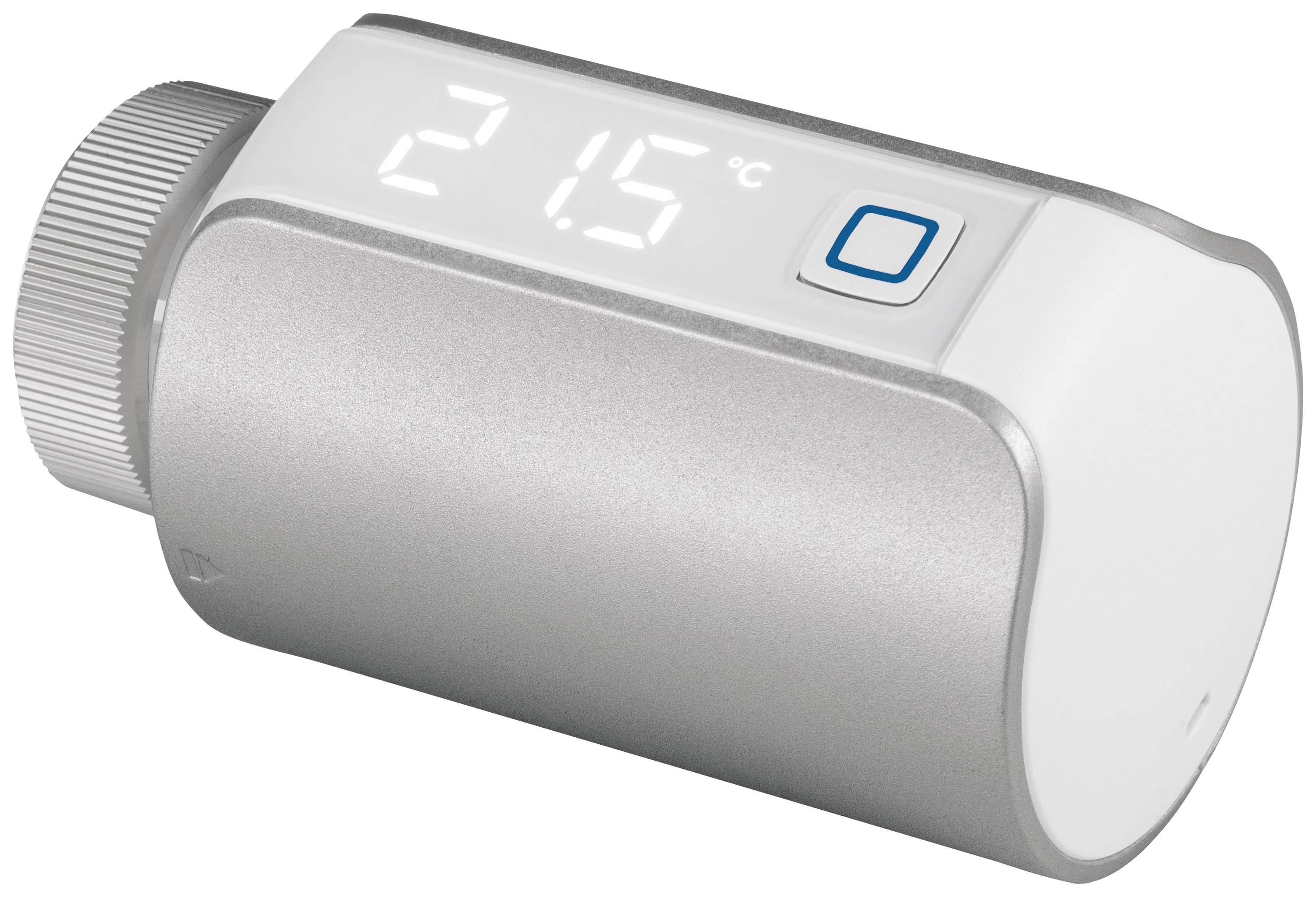 Ein digitales Thermostatventil zeigt eine Temperatur von 21,5 °C an. Das Gerät hat ein modernes, silber-weißes Design.