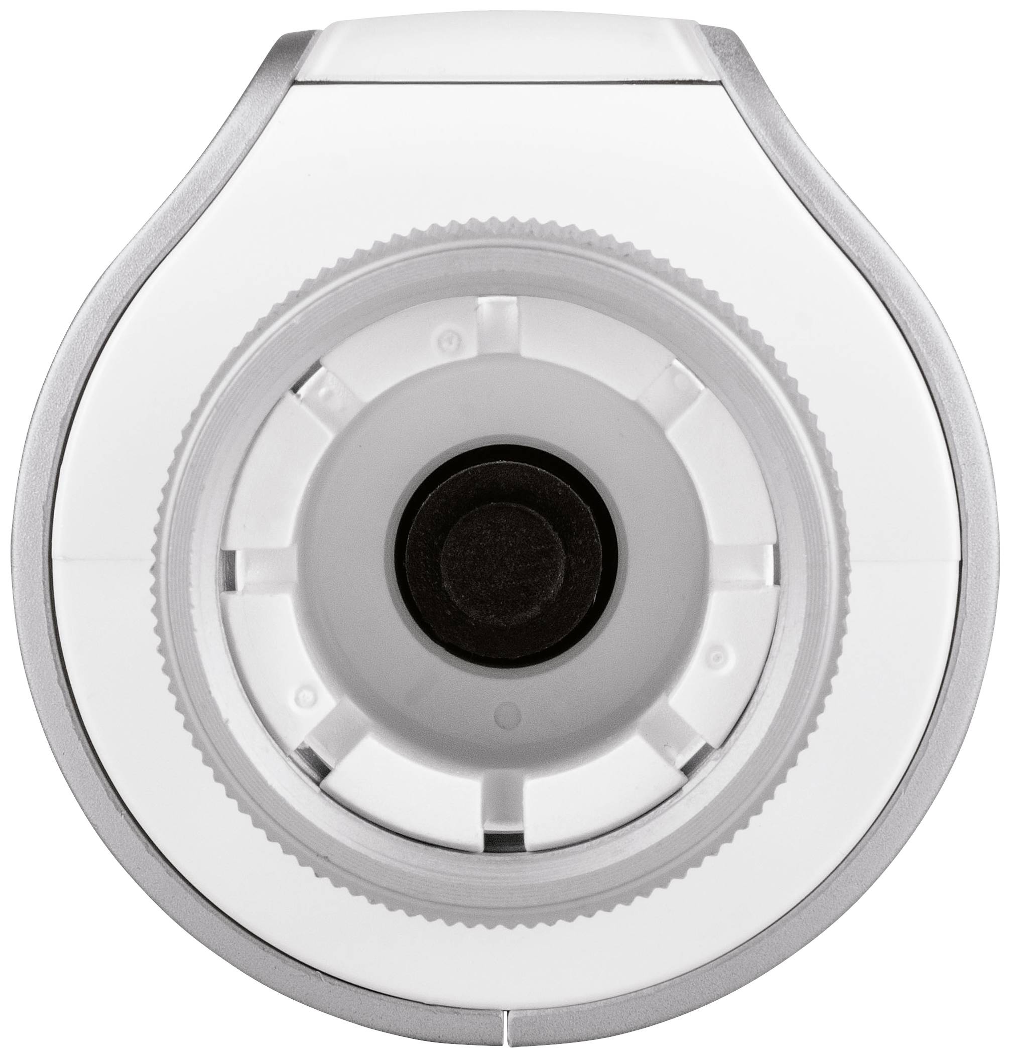 Eine Nahaufnahme eines runden, weißen Geräts mit einem zentralen schwarzen Knopf, vermutlich ein elektronisches Gerät oder Zubehör.