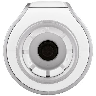 Eine Nahaufnahme eines runden, weißen Geräts mit einem zentralen schwarzen Knopf, vermutlich ein elektronisches Gerät oder Zubehör.
