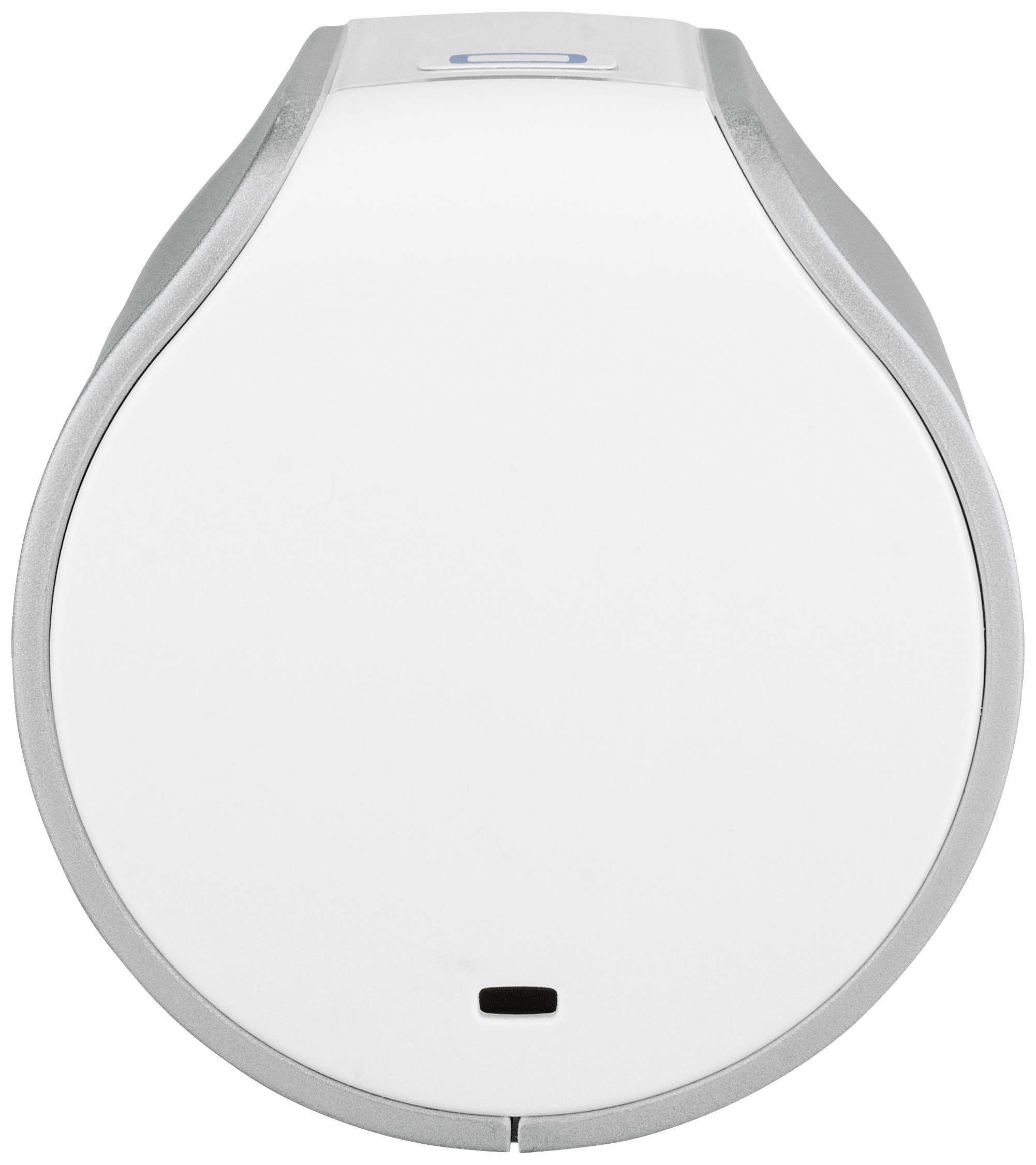 Ein silbernes, zylinderförmiges elektronisches Gerät mit einer weißen Frontansicht und einem kleinen schwarzen Schlitz unten.