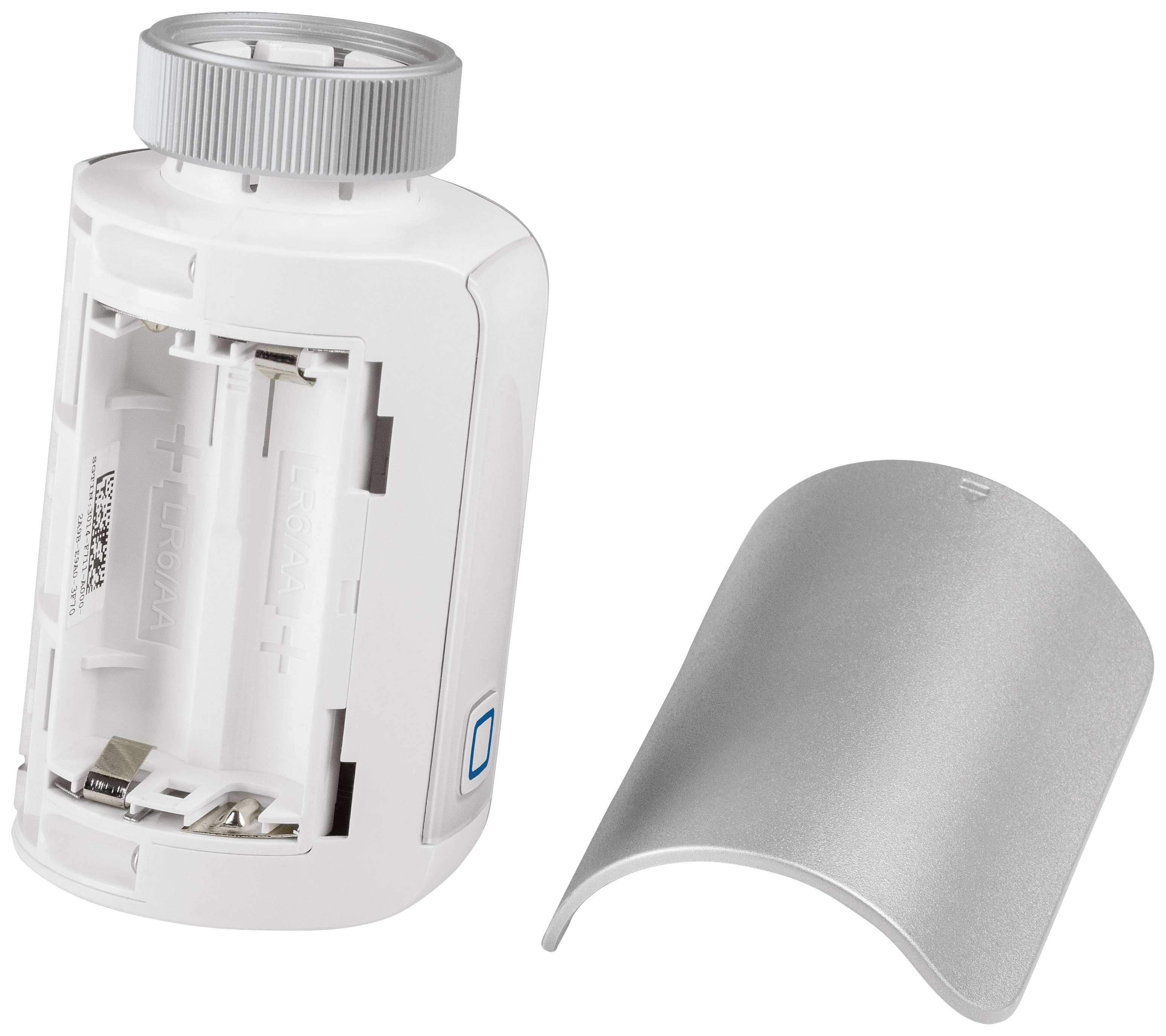 Ein digitaler Heizkörperthermostat mit geöffnetem Batteriefachdeckel zeigt den Batteriefachbereich.