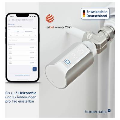 Werbebild für den smarten Heizkörperthermostat Homematic IP mit App-Steuerung; zeigt Thermostat am Heizkörper und Smartphone-App mit Heizprofilen, Hinweis 'Entwickelt in Deutschland' und 'reddot winner 2021'.