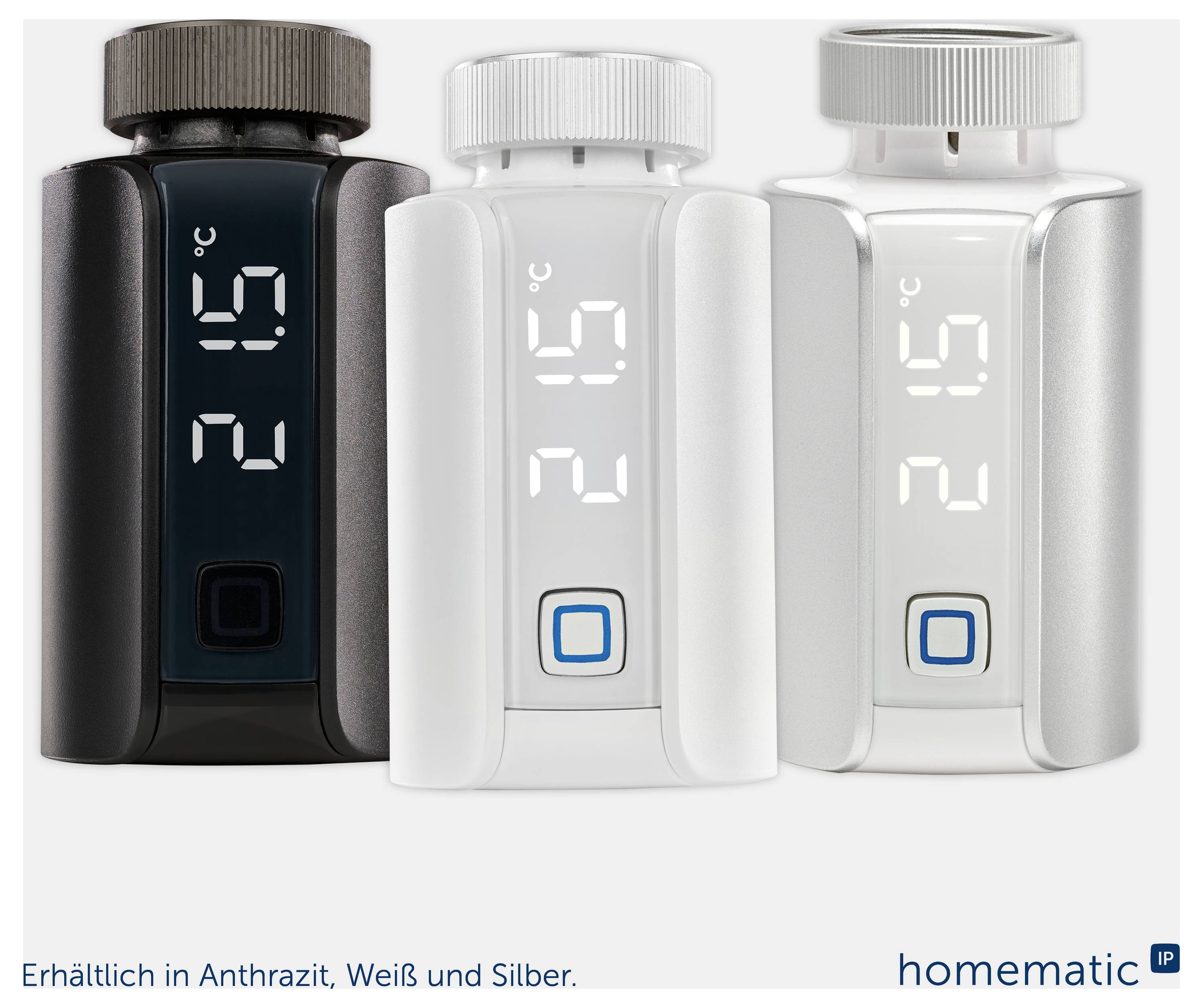 Drei smarte Thermostatköpfe in Anthrazit, Weiß und Silber mit Digitalanzeige '21,5 °C'; unten Hinweis 'Erhältlich in Anthrazit, Weiß und Silber.'<br>