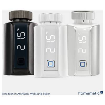 Drei smarte Thermostatköpfe in Anthrazit, Weiß und Silber mit Digitalanzeige '21,5 °C'; unten Hinweis 'Erhältlich in Anthrazit, Weiß und Silber.'<br>
