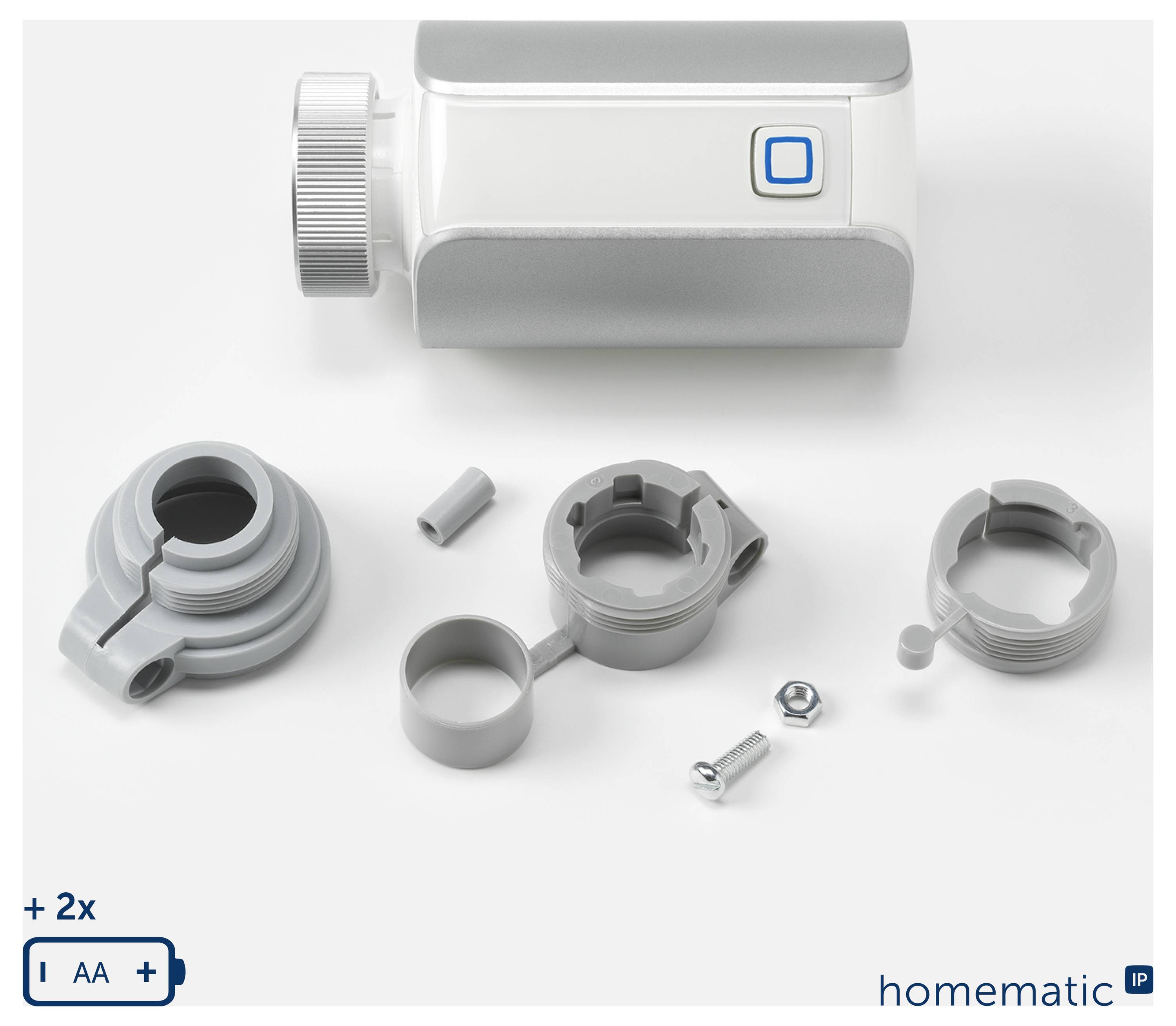 Smart-Home-Gerät und mitgelieferte Montageteile auf weißem Hintergrund angeordnet, mit "homematic IP"-Branding und einem +2x Zoom-Indikator.