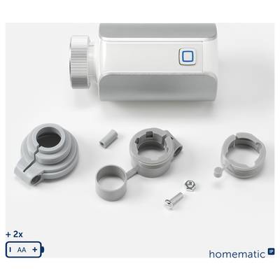 Smart-Home-Gerät und mitgelieferte Montageteile auf weißem Hintergrund angeordnet, mit "homematic IP"-Branding und einem +2x Zoom-Indikator.