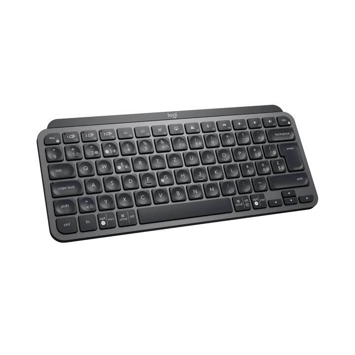 Eine kompakte, drahtlose Tastatur mit QWERTZ-Layout. Funktionstasten oben, Pfeiltasten unten rechts. Schwarz mit weißer Beschriftung.