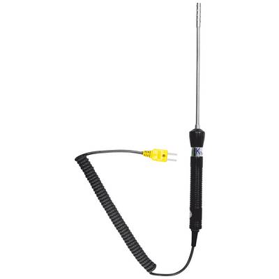 Ein spiralförmiges Temperaturfühlerkabel mit gelbem Stecker und schwarzem Griff. Es dient zur Temperaturmessung in verschiedenen Anwendungen.