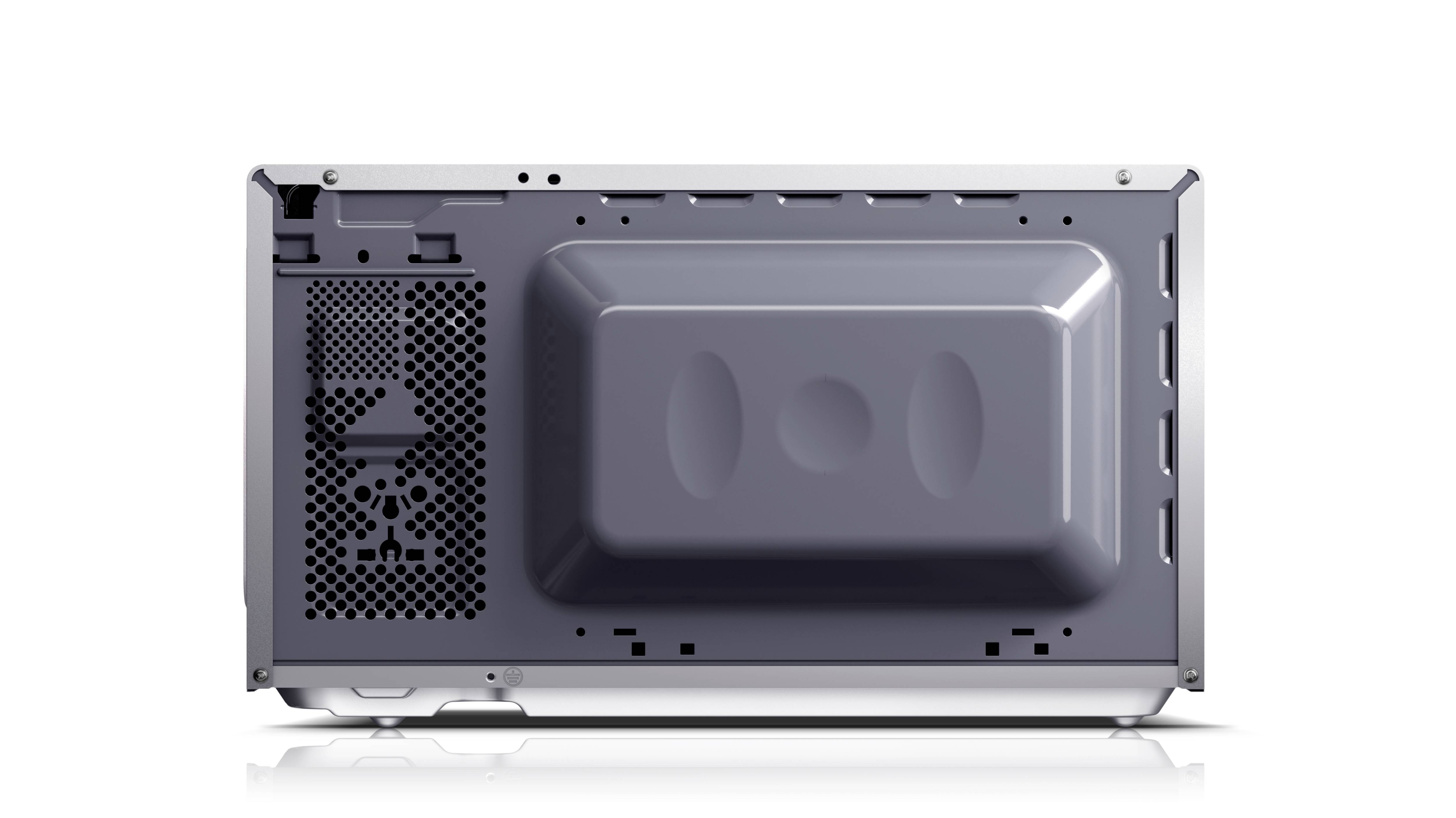 Rückansicht einer Mikrowelle mit sichtbarer Lüftung und Anschlussstellen.