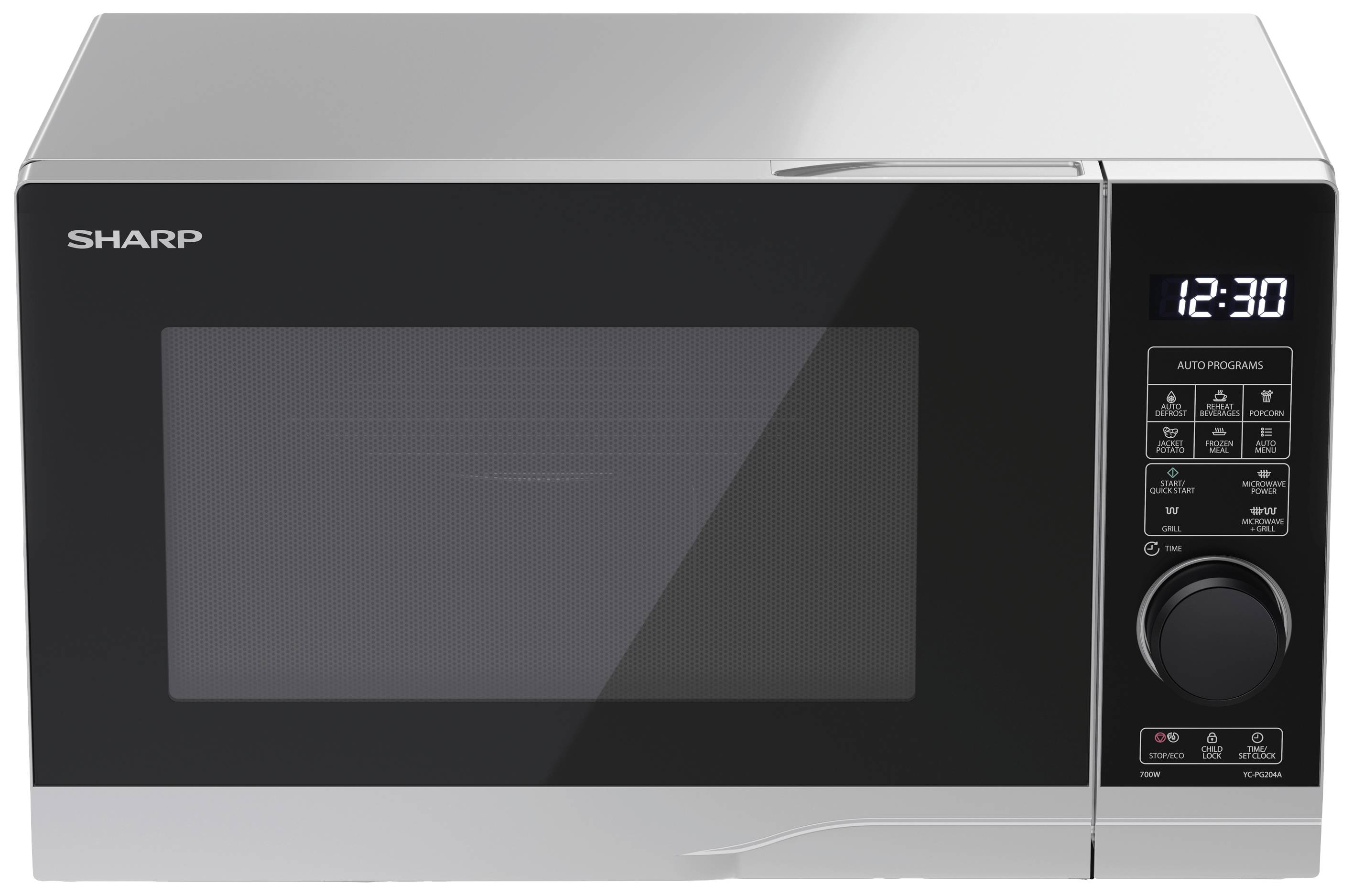 Mikrowellenherd mit digitaler Anzeige zeigt '12:30'. Rechts Knöpfe und Rädchen für Einstellungen, Marke 'Sharp' oben links.