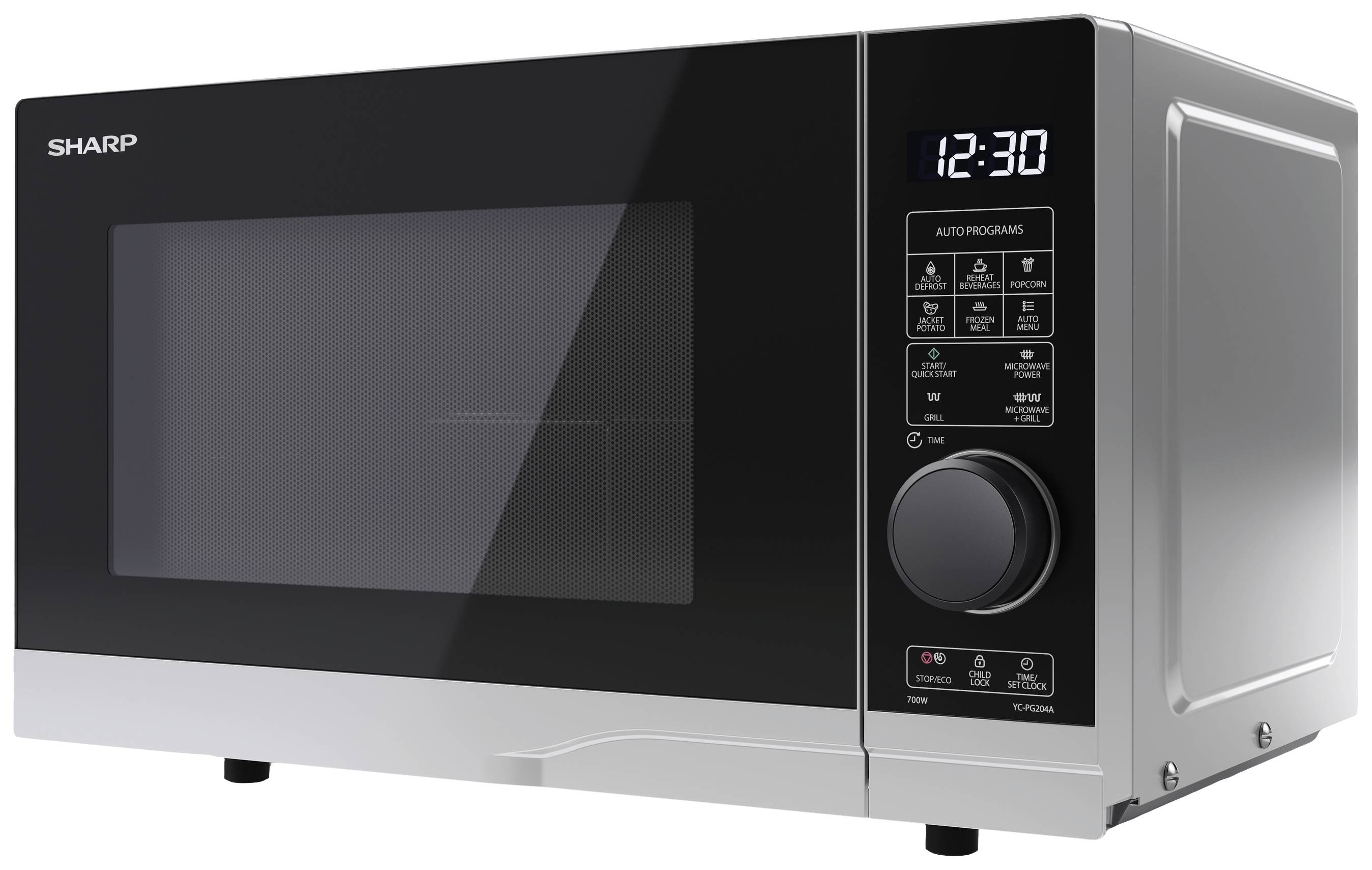 Eine silberne Mikrowelle mit digitaler Anzeige und mehreren Bedienknöpfen auf der rechten Seite, zeigt die Uhrzeit 12:30 an.