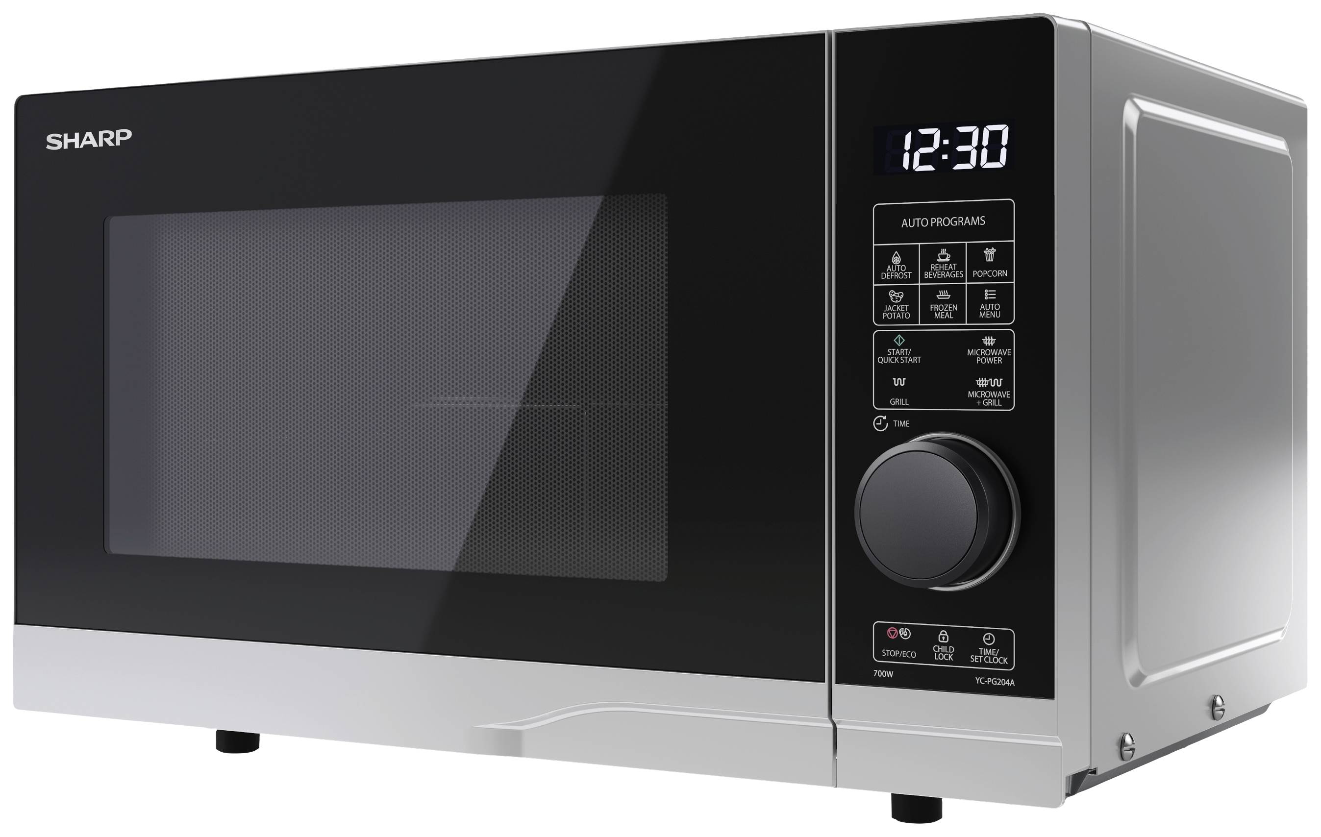 Silberne Mikrowelle mit digitaler Uhranzeige, zeigt '12:30'. Rechts sind Tasten für Automatikprogramme und Leistungsstufen.