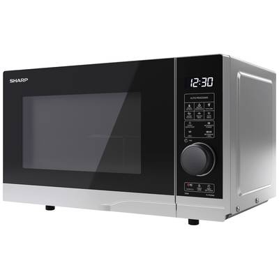 Silberne Mikrowelle mit digitaler Uhranzeige, zeigt '12:30'. Rechts sind Tasten für Automatikprogramme und Leistungsstufen.
