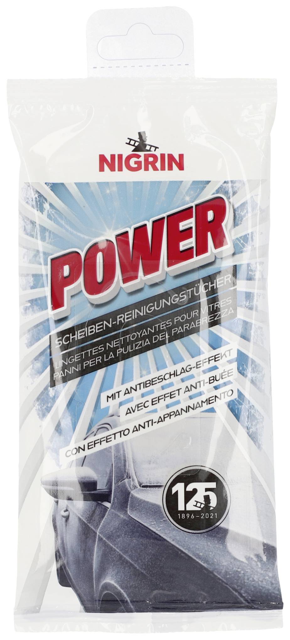 Verpackung der Nigrin Power Scheiben-Reinigungstücher mit Anti-Beschlag-Effekt, 15 Tücher.