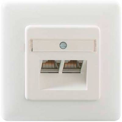 Zweifache Netzwerkdose in einer weißen Wandmontage. Sie enthält zwei RJ45-Anschlüsse zur Verbindung von Ethernet-Kabeln.