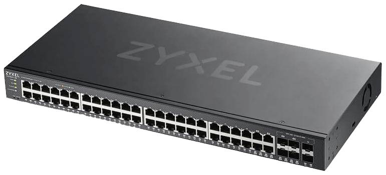 Ein schwarzer Netzwerk-Switch von Zyxel mit 48 Ethernet-Ports und mehreren SFP-Ports, geeignet für geschäftliche Netzwerkumgebungen.