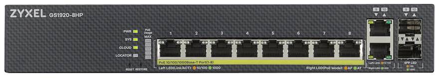 'ZYXEL GS1900-8HP' Switch, 8 Ethernet-Ports, 2 SFP-Slots, Status-LEDs, schwarze Oberfläche.