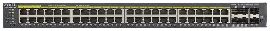 42-Port-Netzwerk-Switch von Zyxel mit mehreren Lichtanzeigen für Status- und Verbindungshinweise.
