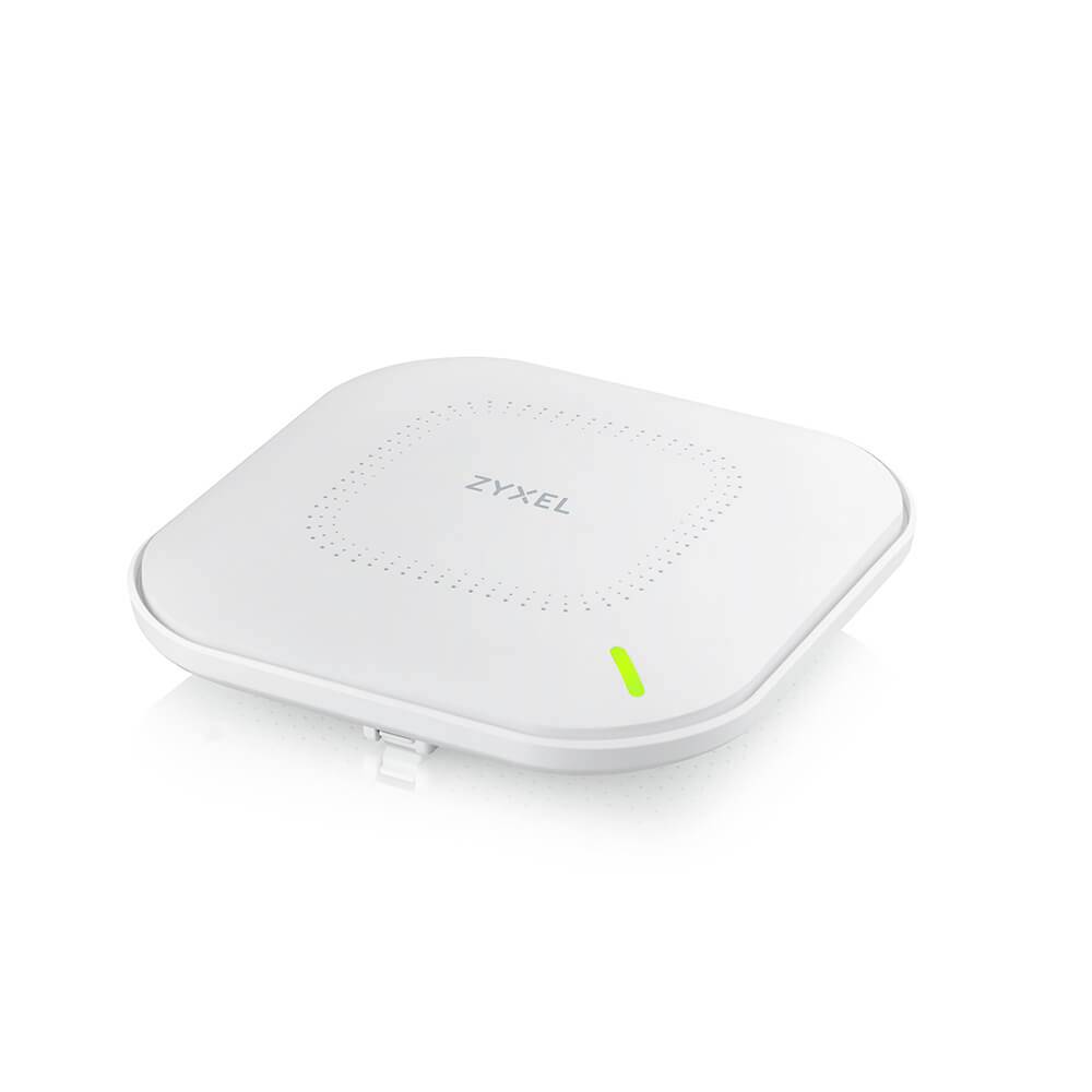 Ein weißer Zyxel WLAN-Router mit abgerundeten Ecken und einer kleinen grünen LED-Anzeige auf der Oberfläche.