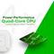 'Power Performance Quad-Core' Text hebt Quad-Core-Prozessor hervor. Links CPU-Design, rechts Platine mit Schaltkreisen auf grünem Hintergrund.