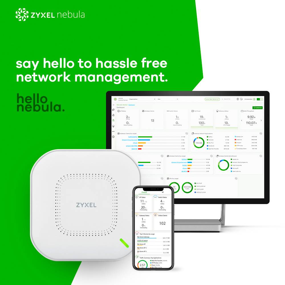 Hauptrahmen zeigt Computermonitor und Smartphone mit Netzwerkmanagement-Dashboards. Daneben ein Zyxel-Gerät, grün-weißer Hintergrund.