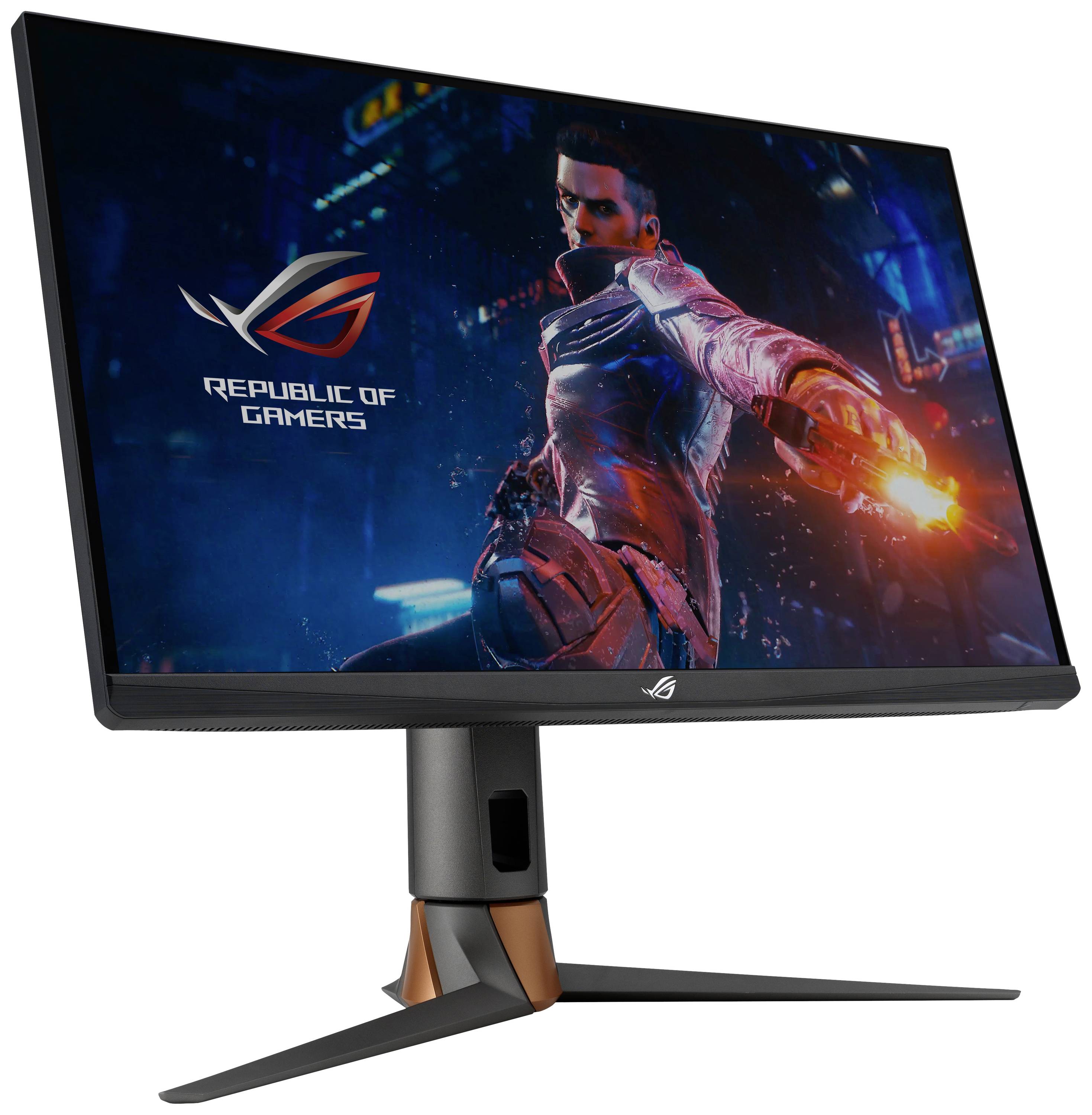 Ein Computermonitor mit einem Gaming-Motiv, zeigt einen futuristischen Krieger mit leuchtendem Handschuh und das Logo 'Republic of Gamers'.