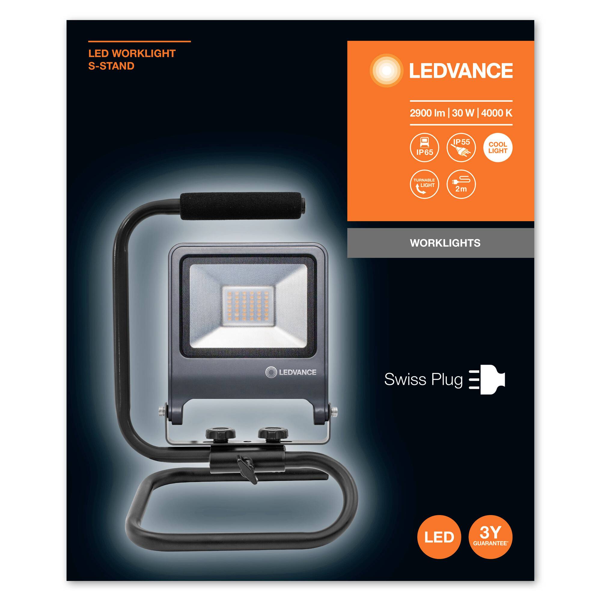 'Lampenverpackung mit LEDVANCE LED-Arbeitsleuchte. 2900 lm, 30 W, 4000 K, IP65, Kaltweiß, Swiss Plug, 3 Jahre Garantie.'