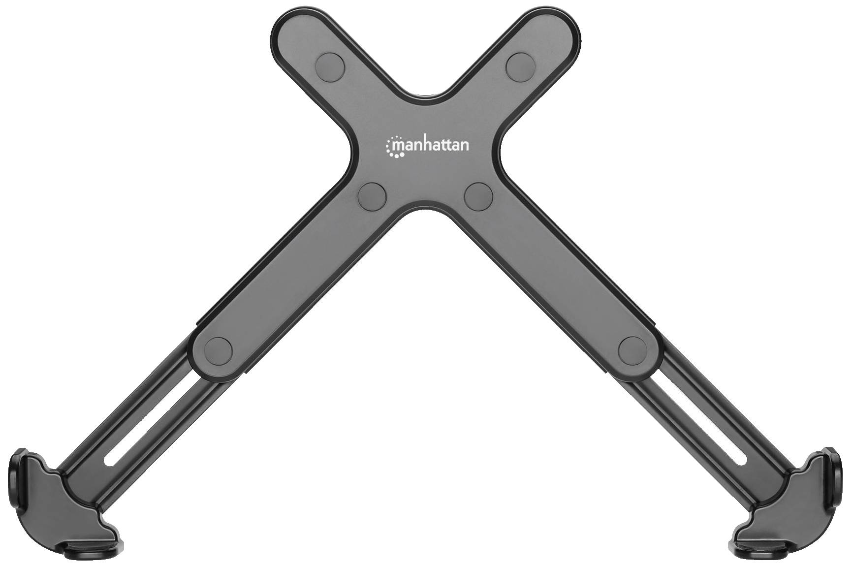 Laptop-Ständer in X-Form aus schwarzem Material, sorgt für verbesserte Belüftung und ergonomische Nutzung.