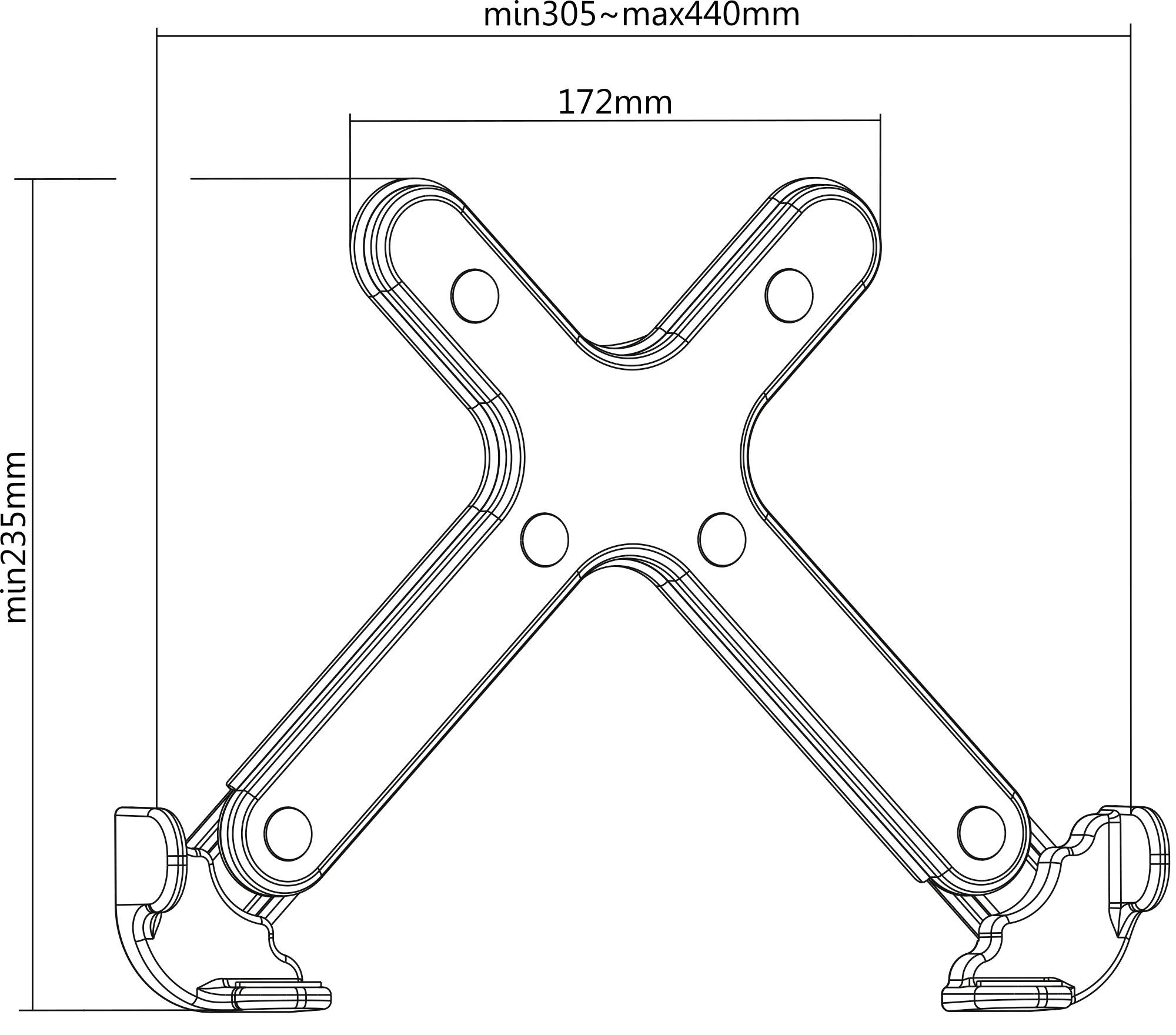 Technische Zeichnung eines klappbaren Ständers mit Maßen: Breite verstellbar zwischen 305 mm und 440 mm, Höhe 235 mm, Innenmaß 172 mm.