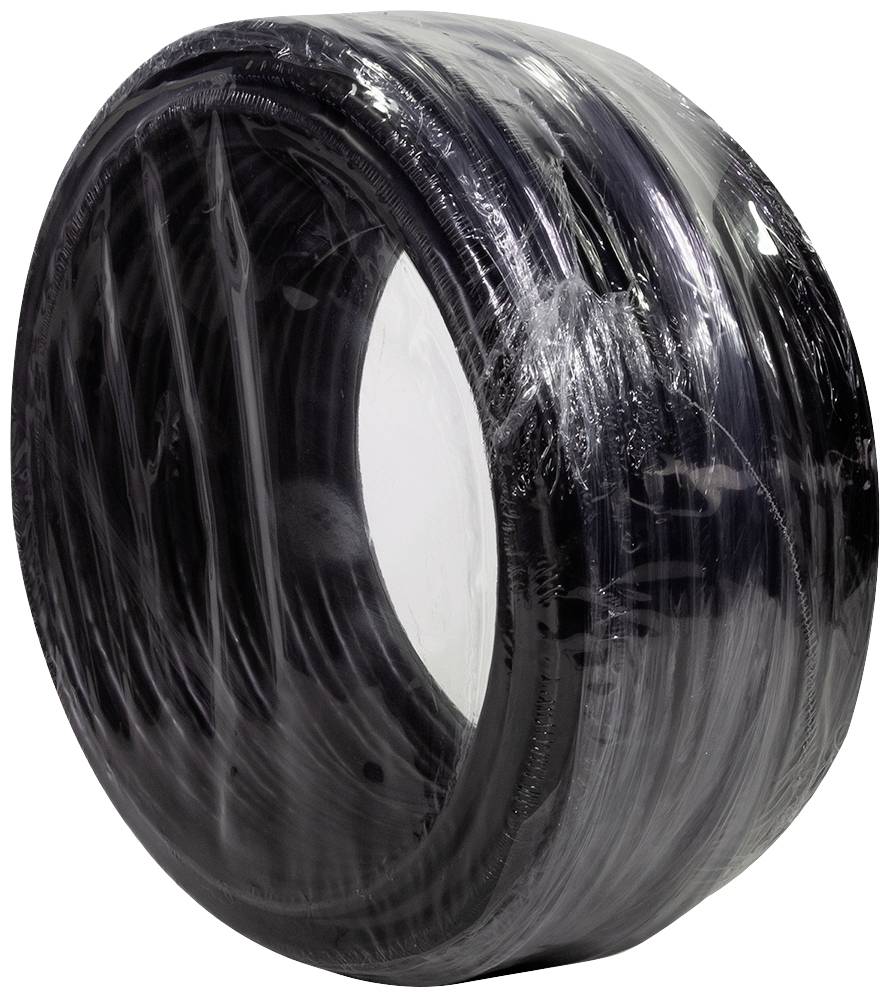 Eine Rolle mit schwarzem Kabel, gewickelt und in durchsichtiger Plastikfolie verpackt. Geeignet für Elektronik- oder Bauzwecke.