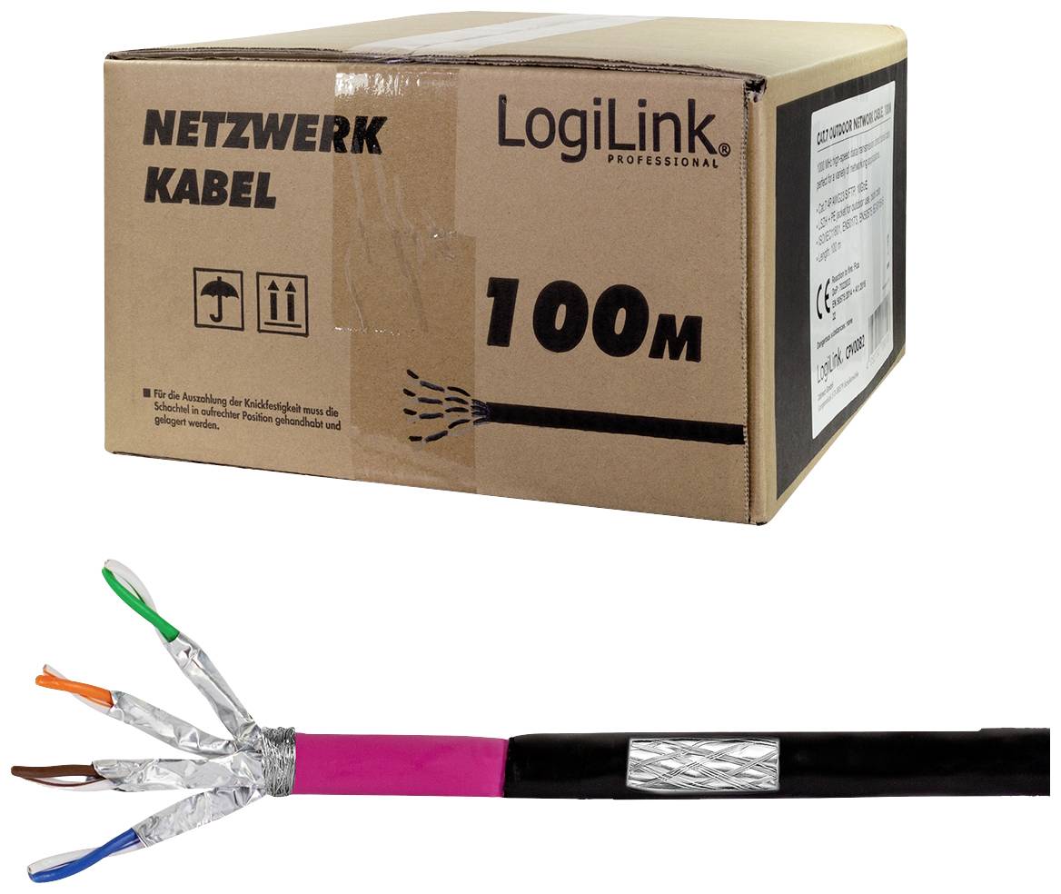 Netzwerkkabel-Verpackung von LogiLink mit 100m Länge. Box zeigt Kabelabbildung und Produktinformationen.