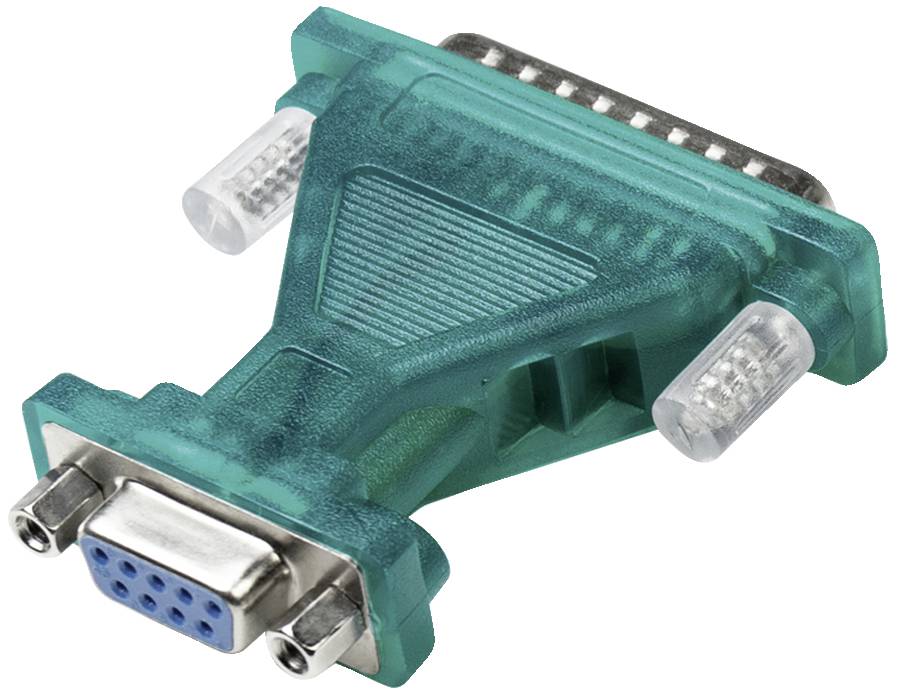 'Grüner VGA-zu-9-Pin-Adapter' zeigt einen Adapter zur Verbindung von VGA mit einem 9-poligen seriellen Anschluss.