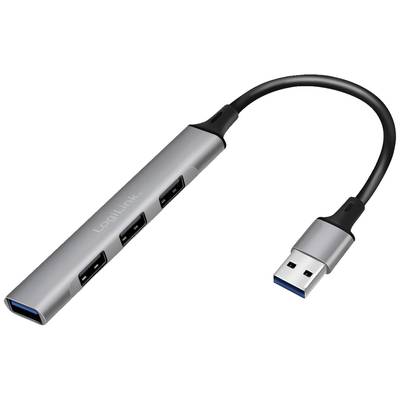 Ein silberner USB-Hub mit drei USB-Anschlüssen an der Seite und einem kurzen Kabel mit einem USB-Stecker am Ende.