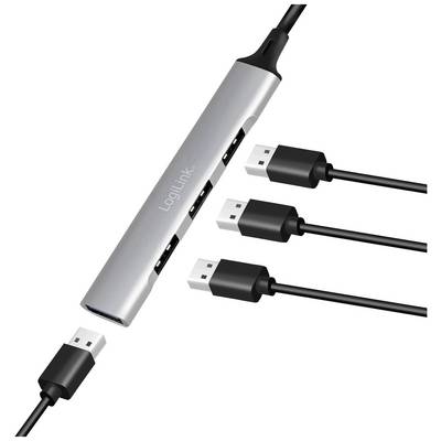 Ein silberner USB-Hub mit vier USB-Anschlüssen und einem angeschlossenen Kabel.
