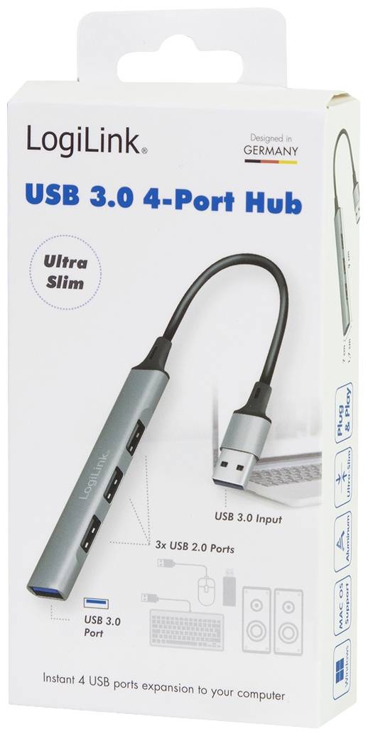 Die Verpackung zeigt einen LogiLink USB 3.0 4-Port Hub. Beschriftungen 'Ultra Slim', 3x USB 2.0 und 1x USB 3.0 Port, Design in Deutschland.