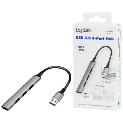 Ein grauer USB-Hub mit vier Anschlüssen liegt neben seiner Verpackung, die den gleichen Hub darstellt.