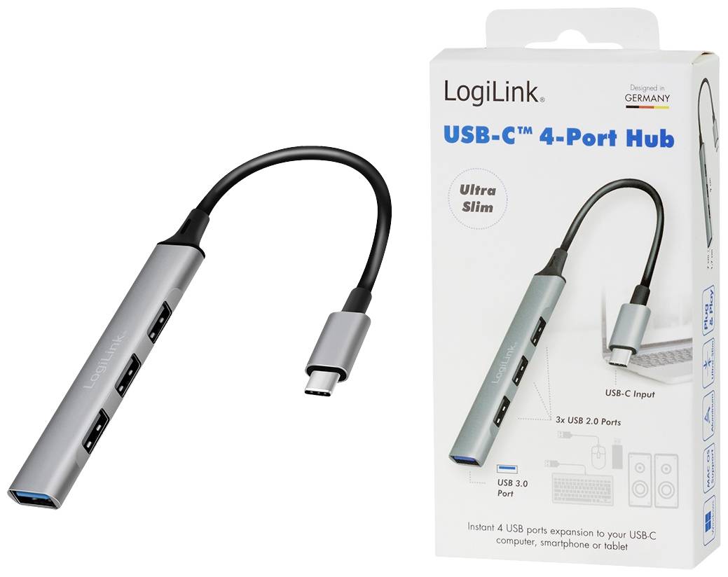 USB-C Vier-Port-Hub von LogiLink in Silber mit zwei USB 3.0- und zwei USB 2.0-Anschlüssen. Verpackung zeigt das Produktbild. Ideal für PCs.