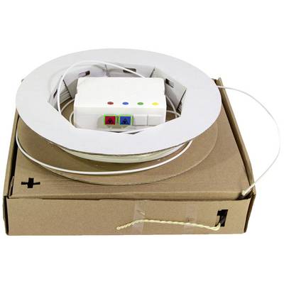 Eine Kartonverpackung mit einer Spule dünnen Materials, Kabeln und einer Steuereinheit mit drei farbigen Tasten.